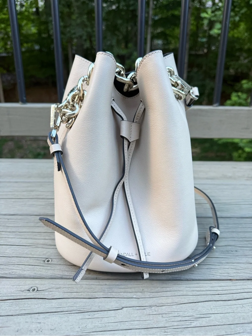 Kendall & Kylie Light Tan Leather Bucket Bag with Chain Strap